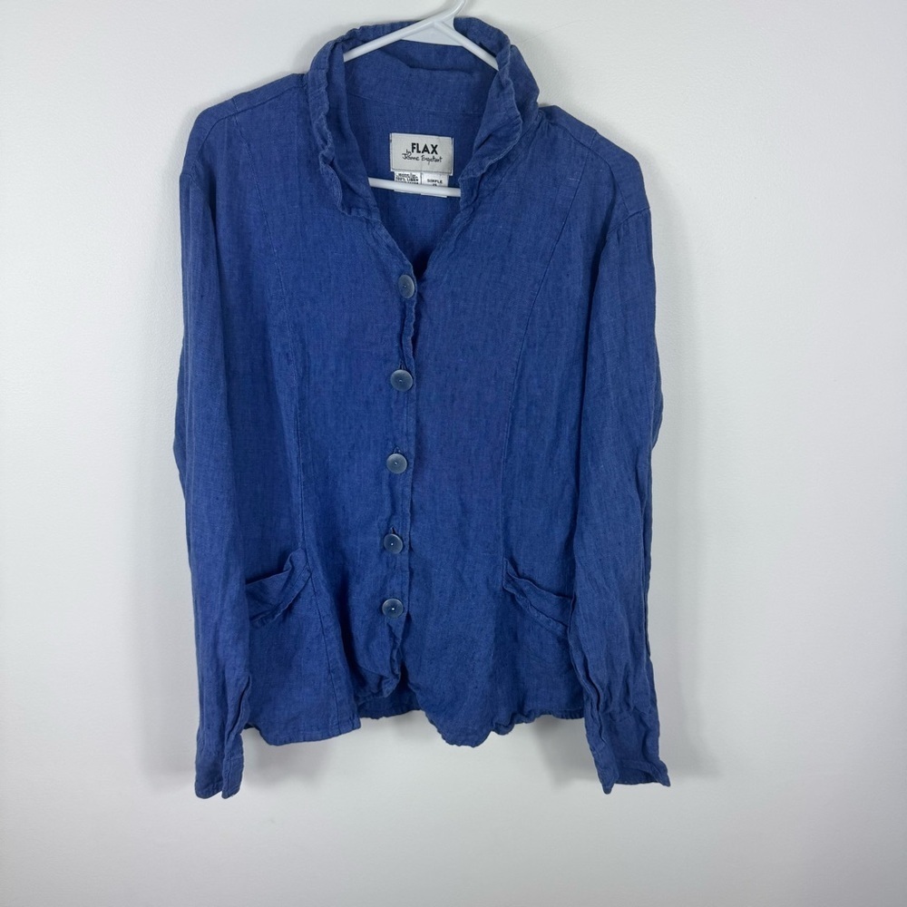 Flax Linen Tunic Coat Blue Women’s Size Medium Button Front Lagenlook Chambray